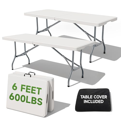 6 Foot Folding Table with Black Table Cloth - Heavy Duty 600LBS Capacity, Foldable Design with Safety Lock - Portable Folding Tables for Camping, Party, Indoor & Outdoor Use, 2 Pack - color: White, size: 6FT-2 PACK, style: Heavy Duty with Table Cloth