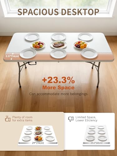 6FT Folding Camping Table Portable 350lbs, 6 Foot Folding Picnic Card Table for Outdoor, Plastic Rectangular Dining Work Tables for Indoor, Heavy Duty Fold-in-Half Tray Tables, 71x29 inch - size: 6 FT