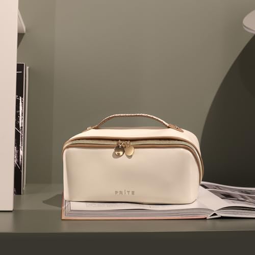 Prite Makeup Bag for Women Travel Waterproof Vegan Leather Cosmetic Bag Open Flat Toiletry Bag With Clear Divider and Handle (Beige, Large) - color: Beige, size: Large