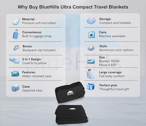BlueHills Ultra Compact Travel Blanket 2 Pack Large Soft Cozy Portable Blanket Sheet with Carry Case and for Flight Airplane Car Layover Camping Hotel C203-2PK-Black - color: C203-2pk-black