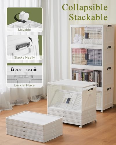 OlarHike 76QT Lockable Storage Bins with Lids - Folding Storage Box with Doors & Wheels, Collapsible Drawers for Home, Dorm, Closets, Office, School, College, Stackable Containers, 4 Pack Cubes - size: 76QT-White, style: 4Pack