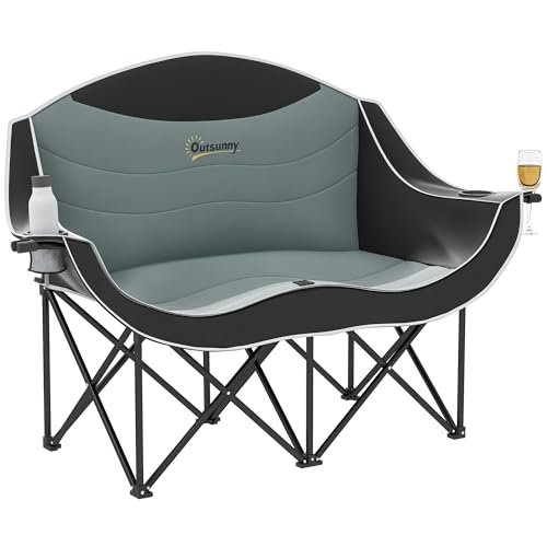 Outsunny Double Camping Chair for Adults, Padded Folding Camp Chair for 2 Person with Armrest, Wine Glass Holder, Cup Holder, Carry Bag for Outdoor Sports, Picnics, Supports up to 552 lbs. - color: Black and Gray/Double