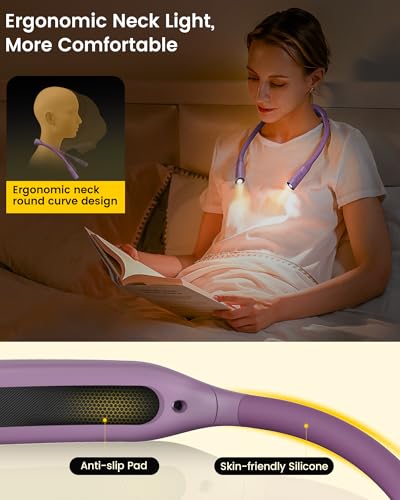 Glocusent Lightweight Neck Light,1200mAh Rechargeable Book Light for Reading in Bed, Eye-Caring with 5 Colors & 5 Brightness Adjustable, Neck Reading Light for Book Lovers - color: Purple