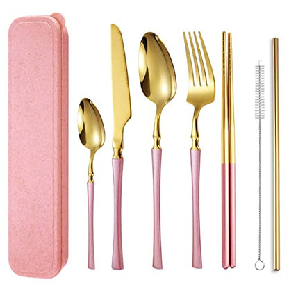 AARAINBOW 7 Pieces Stainless Steel Flatware Set Portable Reusable Cutlery Set Travel Utensils Set Including Chopsticks Knife Fork Spoon Straws Cleaning Brush Dishwasher Safe (B-Pink Golden) - color: B-Pink Golden