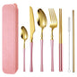 AARAINBOW 7 Pieces Stainless Steel Flatware Set Portable Reusable Cutlery Set Travel Utensils Set Including Chopsticks Knife Fork Spoon Straws Cleaning Brush Dishwasher Safe (B-Pink Golden) - color: B-Pink Golden