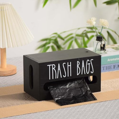 Trash Bag Dispenser, Wall Mount Trash Bag Holder Dispenser with Lid Wooden Kitchen Trash Bag Roll Organizer Plastic Garbage Bag Storage for Cabinet. (Black) - color: Black