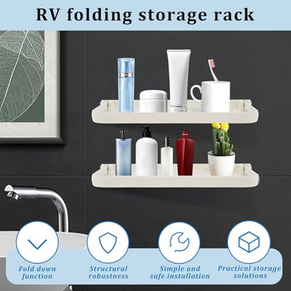 2Pcs RV Aluminum Foldable Shelf, Wall Mounted RV Floating Shelf, Space Saving Compact Fold Down Shelf Shelf, Versatile RV Floating Shelf for Camper Car,Caravans Bathroom, Laundry Room,Easy Install