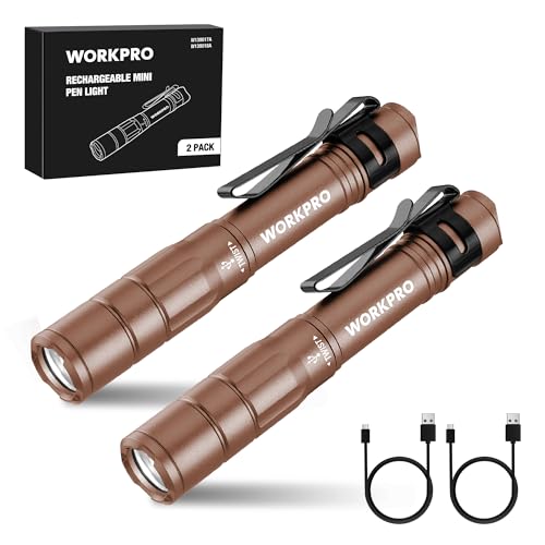 WORKPRO Rechargeable Pen Light, Mini Flashlight, 2 Pack Ultra-Compact EDC Flashlight, Pocket Flashlight with Clip, Memory Function and 2 x USB C Cable Included, Brown - color: Brown