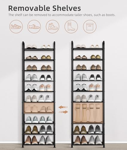 STORAGE MANIAC 10-Tier Tall Shoe Rack, 20 Pairs Narrow Slim Shoe Shelf, Metal Frame Shoes Stand for Small Space, Space-Saving Shoes Organizer, Vertical Shoes Tower for Garage, Entryway, Closet, Dorm