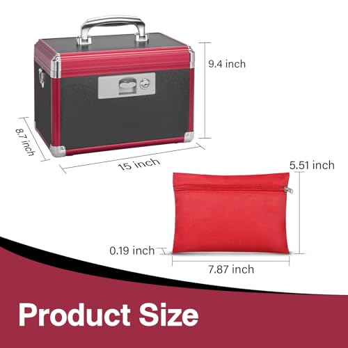 LOCKCURX Secure Medicine Lock Box with Key, Childproof Metal Medication Storage Organizer for Home & Travel, Layered Aluminum First Aid Box, Portable & Durable – 15" x 8.7" x 9.4" Black & Red