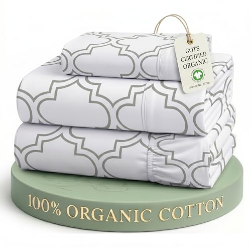 LANE LINEN Twin Sheet Set 100% Organic Cotton Soft 3pc Percale - Trellis | Organic Cotton Percale Twin Sheet Set - For Hot Sleepers, All-Season Comfort, For Dorm & Guest Rooms, Crisp Hotel-Style Feel - color: Trellis-silver, size: Twin