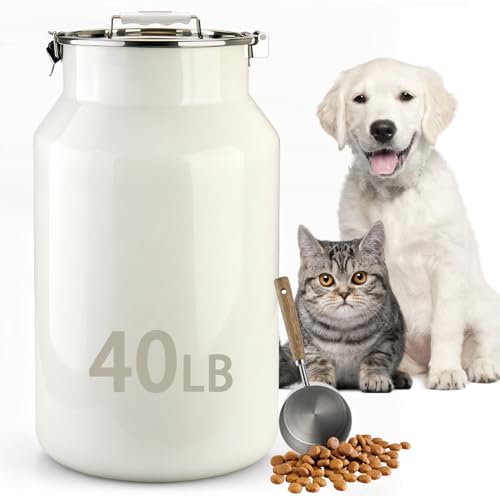 Dog-Cat Food Storage Container 40 lb/38 Qt, Large Stainless Steel Pet Food Bin with Airtight Lid & Scoop Included, Durable 304 Metal Storage for Dogs & Cats - size: 38 Qt