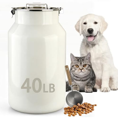 Dog-Cat Food Storage Container 40 lb/38 Qt, Large Stainless Steel Pet Food Bin with Airtight Lid & Scoop Included, Durable 304 Metal Storage for Dogs & Cats - size: 38 Qt
