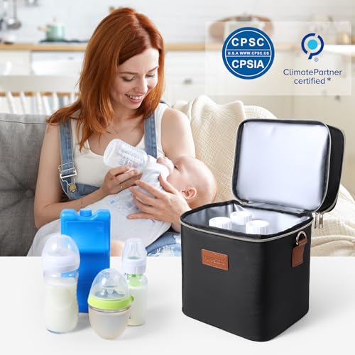 PIIOSER Breastmilk Cooler Bag with Ice Pack Fits 6 Baby Bottles Up to 9 Ounce, Insulated Baby Bottle Tote Bags, Double Layer Waterproof Leak-Proof with Shoulder Strap for Nursing &Working Mom - color: Black