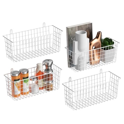 MaraFansie Wire Basket 4-Pack [Extra Large] Hanging Wall Organizer Cabinet Storage Basket Wall Mounted Shelves Rustic Farmhouse Decor for Home Kitchen Bathroom, White - color: 4 Pack White, size: 4-Pack