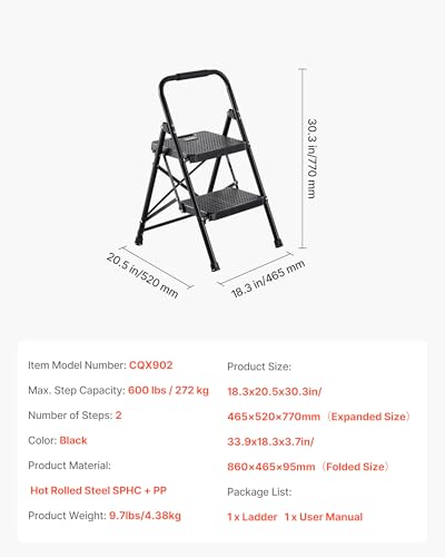 VEVOR 2 Step Ladder, Folding Step Stool with Wide Anti-Slip Pedal and Comfort Handgrip, Lightweight 600 lbs Capacity Portable Steel Ladder, Multi-Use for Kitchen, Home, Household and Office, Black - size: 18.3x20.5x30.3in/465x520x770mm(Expanded)