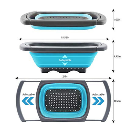 QiMH Collapsible Colander Set of 3-2 PC 4 Quart and 1 PC 6 Quart Over the Sink Colander - Food-Grade Sturdy Plastic Base - Round Space-save Silicone Kitchen Foldable Food Strainer - color: blue,orange,green