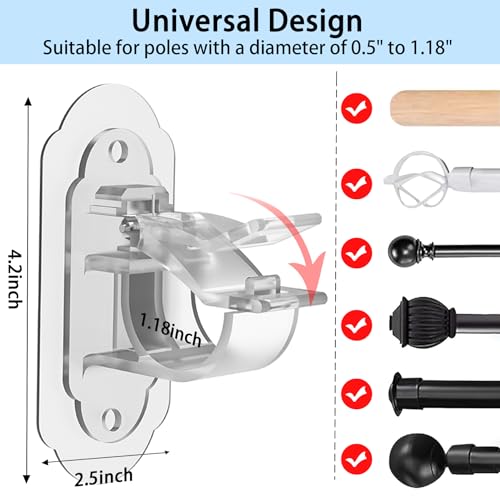 No Drill Curtain Rod Brackets， No Drill Needed Curtain Rod Holders, Adhesive Curtain Rod Holder，Multipurpose Nail Free Stick on Curtain Rod Hooks Self Adhesive Rod Holder Hooks（Clear 6Pcs） - color: Clear-6pcs