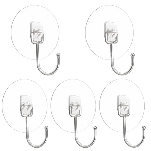 Heavy Duty Self Adhesive Hooks - 33lb Max Transparent Waterproof ,Strong adhesion for Hanging Wall Hooks,Adhesive Round Sticky Hooks for Bedrooms, Shower, Kitchens, Offices, Doors, Outdoor (5-pcs)