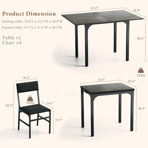 HUAHUU Dining Table Set for 4, Extendable Kitchen Table Cushion Chairs Set of 4, Rectangle Dining Table with Metal Frame & MDF Board, Folding for Small Apartment Saving Space, Gray - color: Grey