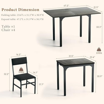 HUAHUU Dining Table Set for 4, Extendable Kitchen Table Cushion Chairs Set of 4, Rectangle Dining Table with Metal Frame & MDF Board, Folding for Small Apartment Saving Space, Gray - color: Grey