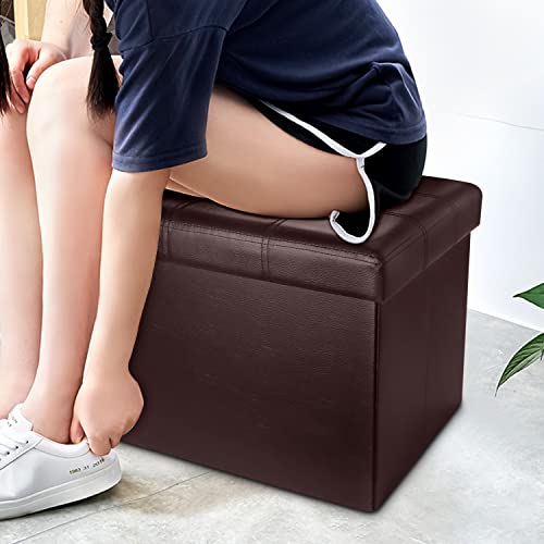 Bsketa 2PC Storage Ottoman, Folding Foot Stool with Thicker Foam Padded Seat Small Leather Storage Ottoman Bench Foot Rest for Living Room Foldable Coffee Table 17x13x13in,Brown - color: Brown-2pc