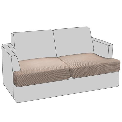 PrinceDeco Stretch T Cushion Sofa Slipcovers Jacquard Loveseat Sofa Cushion Covers for 2 Cushion Couch Sofa Seat Cushion Covers with Elastic Bottom for Kids,Dog,Small Checked Pattern,Sand - color: Sand, size: 2 Cushion Sofa