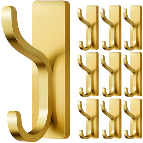 pickpiff Adhesive Wall Coat Hooks - Heavy Duty Stick-On Door Hanger, Metal Hook for Hanging Towel,Purse, Robe, Backpack, Jacket, Clothes - for Bathroom,Dorm, Closet, Kitchen - Gold, 10 Pack - color: Gold, size: 10 Pack
