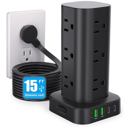 Power Strip Tower with Multiple Outlets, Flat Plug Surge Protector Tower Extension Cord with 12 AC Outlets 4 USB Ports (2 USB C), 15FT Cord Power Tower Surge Protector for Home Office Dorm Room, Black - color: Black, size: 15FT