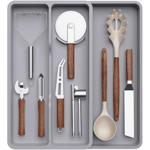 Lifewit Utensil Organizer for Kitchen Drawer, Expandable Cooking Silverware Tray, Adjustable Cutlery Flatware Holder, Plastic Spatula Tools Storage Divider, 14.4 x 15.8", Gray - color: Gray, size: 14.4 × 15.8 × 1.8 inch (3 Slots)
