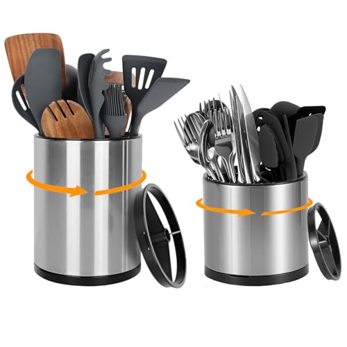 Nigelia Set of 2, Extra Large Kitchen Utensil Holder, 360° Rotating Stainless Steel Cooking Utensil Holder for Countertop, 3 Compartment Flatware Organizer (Silvery) - color: Silvery, size: Large+Medium