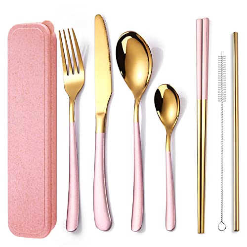 AARAINBOW 7 Pieces Stainless Steel Flatware Set Portable Reusable Cutlery Set Travel Utensils Set Including Chopsticks Knife Fork Spoon Straws Cleaning Brush Dishwasher Safe (7 Pink Golden) - color: 7 Pink Golden