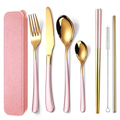 AARAINBOW 7 Pieces Stainless Steel Flatware Set Portable Reusable Cutlery Set Travel Utensils Set Including Chopsticks Knife Fork Spoon Straws Cleaning Brush Dishwasher Safe (7 Pink Golden) - color: 7 Pink Golden