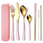 AARAINBOW 7 Pieces Stainless Steel Flatware Set Portable Reusable Cutlery Set Travel Utensils Set Including Chopsticks Knife Fork Spoon Straws Cleaning Brush Dishwasher Safe (7 Pink Golden) - color: 7 Pink Golden
