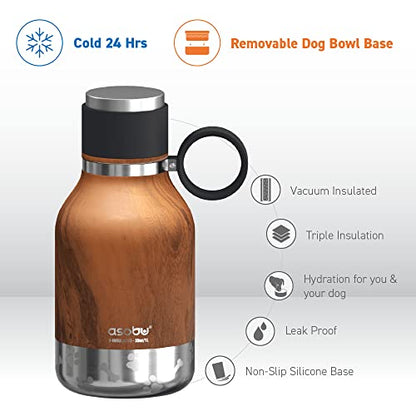 Asobu Buddy Bottle a Stainless Steel Insulated Water Bottle for with Removable Dog Water Bowl and Dog Food and Treat Storage Bowl (Wood, 37 oz Water Bottle with Bowl) - color: Wood