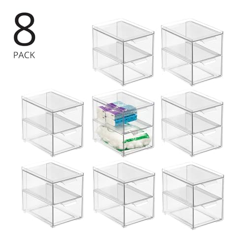 mDesign Stackable Storage Containers Box with 2 Pull-Out Drawers - Stacking Plastic Drawer Bins for Master or Guest Bathroom, Linen Closet, Vanity, or Makeup Table - Lumiere Collection - 8 Pack, Clear - size: 8 x 6 x 7 (Pack of 8)