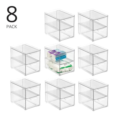 mDesign Stackable Storage Containers Box with 2 Pull-Out Drawers - Stacking Plastic Drawer Bins for Master or Guest Bathroom, Linen Closet, Vanity, or Makeup Table - Lumiere Collection - 8 Pack, Clear - size: 8 x 6 x 7 (Pack of 8)