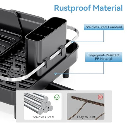 Urackify Dish Drying Rack for Kitchen Counter, Expandable Stainless Steel Dish Racks with Adjustable Water Spout, Space Saving Dish Drainer with Cutlery Holder,16.14"-23.62" L x 12.99" x 8.78",Black - color: Black