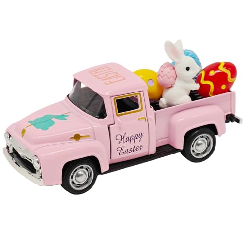 Pink Easter Decorations - Mini Farmhouse Vintage Metal Truck with Easter Eggs & Bunny, Pink Spring Farm-Style Pickup Decor for Table Tiered Tray Home Kitchen Office Keepsake Gifts - color: Easter-pink