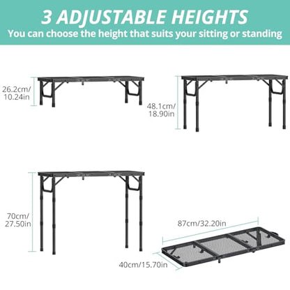 VINTEAM Folding Grill Table with Mesh Top, 3 Adjustable Heights, Lightweight Portable Camping Table, Black Aluminum Alloy BBQ Picnic Table for Outdoor Cooking, Tailgating, Beach, RV & Backyard - style: 3-Fold Mesh Tabletop
