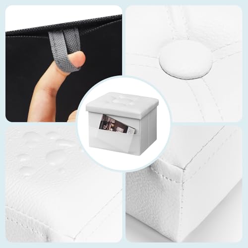 Bsketa Storage Ottoman Foot Rest Stool, Small Leather Storage Ottomans Bench, Folding Footstool with Side Pockets, Foot Rest Under Desk for Living Room Bedroom, 16x12x12 in, White - color: White-with Side Pockets.