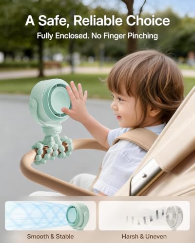 SWEETFULL Portable Stroller Fan, Pinch-Proof Baby Fan, 5-Speed Quiet Mini Clip on Fan, USB-C Rechargeable Battery, LED Display for Car Seat, Crib & Travel - Green - color: Green
