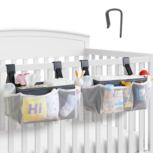 2-Pack Hanging Diaper Organizer for Crib, Playpen, Bassinet | Hold 50+ Diapers, Baby Diaper Caddy for Changing Table, Washable Newborn Essentials Organizer with Hook Straps, Ideal Baby Shower Gifts - color: Gray