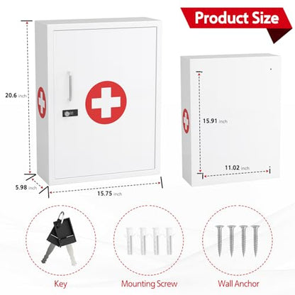 Wall-Mount Locking Medicine Cabinet: Large Metal Storage Organizer Box with Combination & Key Lock - Secure First Aid Medicine Cabinet for Bathroom Home Office(20.6" H x 15.75" W x 5.98" D) - color: Glossy White