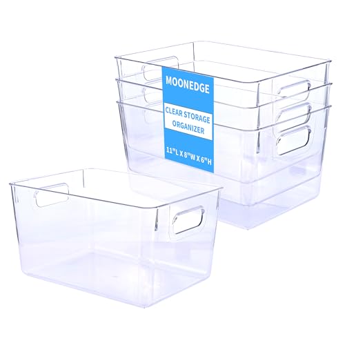 MOONEDGE 4 Pack Clear Plastic Storage Bins 11x8x6in Storage Containers | Drawer Organizer with Handles, Clear Bins for Organizing, Pantry, Kitchen, Fridge, Bath, Cabinet, Closet Shelf, Under-Sink - color: 4 Pack