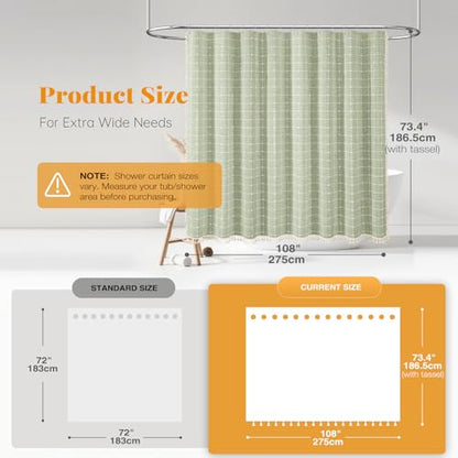 BTTN Extra Wide Shower Curtain - 108x72 Inch Boho Farmhouse Fabric Weighted Linen Shower Curtain Set with 18 Hooks, Large Country Hotel Neutral Waterproof Cloth Shower Curtain for Bathroom, Sage Green - color: A - Sage Green, size: 108"W x 72"L (Pack of 1