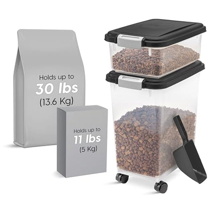 IRIS USA Dog Food Storage Container 30 lb + 11lb Airtight Combo, Stackable Pet Food Storage Bin with Wheels for Cat Dog Food, BPA Free, Made in USA, Black - color: Black