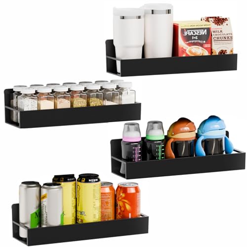 Yieach 4 Pack Black Spice Rack Wall Mount with Adhesive,11.5″L x 3.6″W,Stick on Seasoning Jar Spice Organization for Cabinet Door or Pantry Door,Adhesive Wall Spice Rack for RV,Kitchen,Inside Cabinets