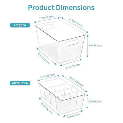 Vtopmart 8 Pack Clear Plastic Storage Bins Set, 4 Large Pantry Organizer Bins with Handle and 4 Medium Snack Organizer Bins with 4-Compartment for Pantry, Kitchen, Fridge, Cabinet Organization - size: 4 Large + 4 Medium
