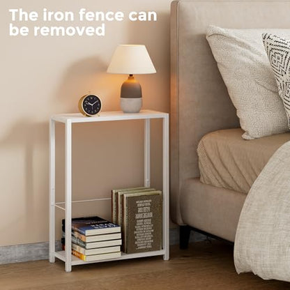 Homleke Narrow Side Tables Set of 2 with Magazine Holder, Skinny End Tables Perfect for Small Spaces, Space-Saving Design for Living Room, Bedroom, or Office, 7.1" D x 16.9" W x 23.6" H, White - color: White - Standard